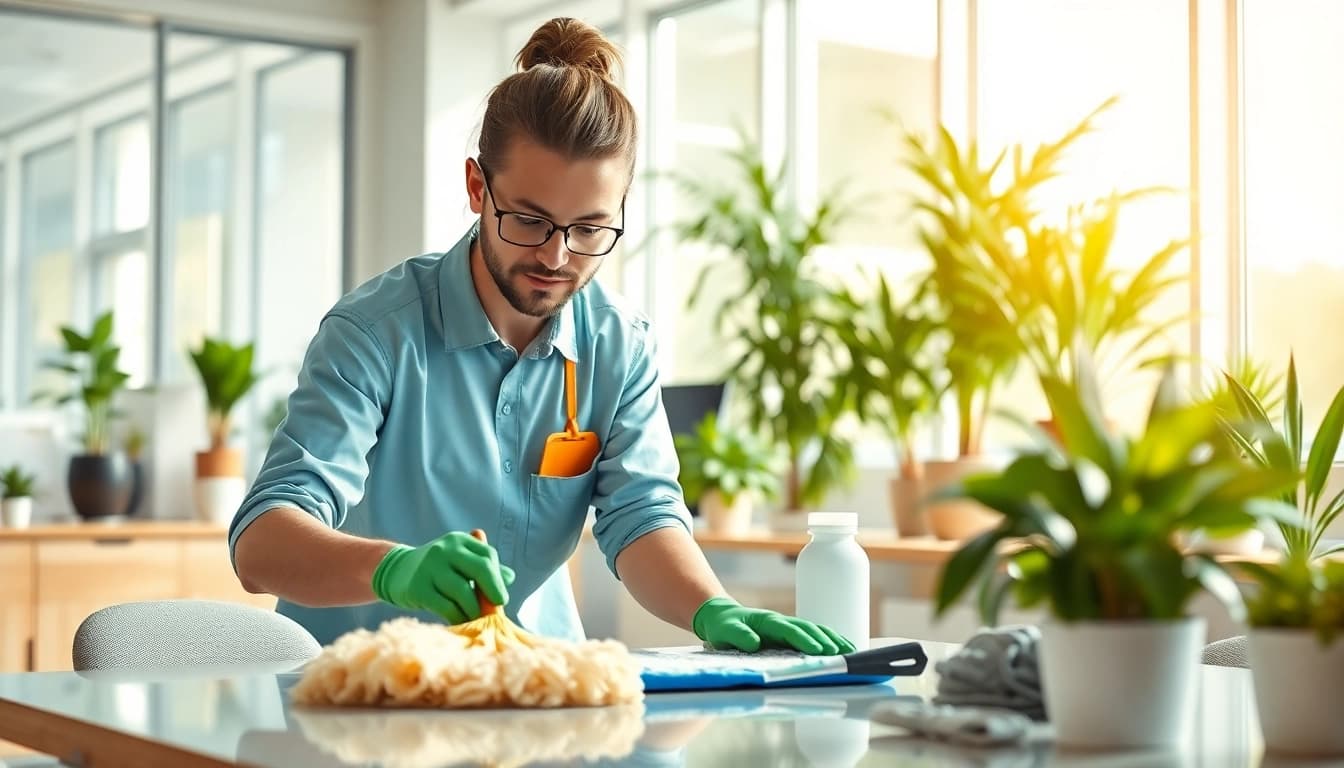 Städning företag team medarbetare arbetar i en ren och professionell kontorsmiljö