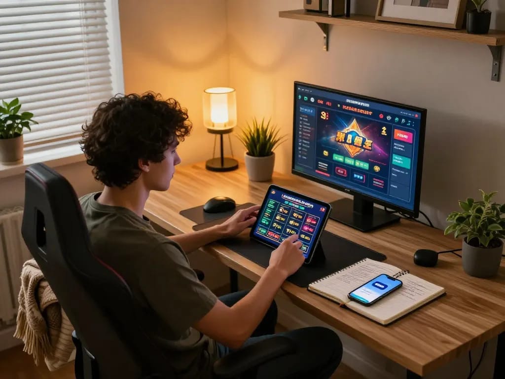Engaged gamer analyzing strategies on tablet for NN88 online casino gaming in a cozy home office.