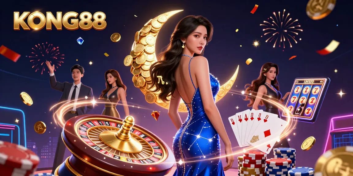 Experience thrilling gambling adventures with KONG88's vibrant casino scene featuring a dynamic Asian woman.