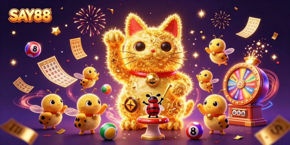 SAY88 showcases a giant lucky cat shaped by golden fireflies amidst colorful casino symbols in an immersive illustration.