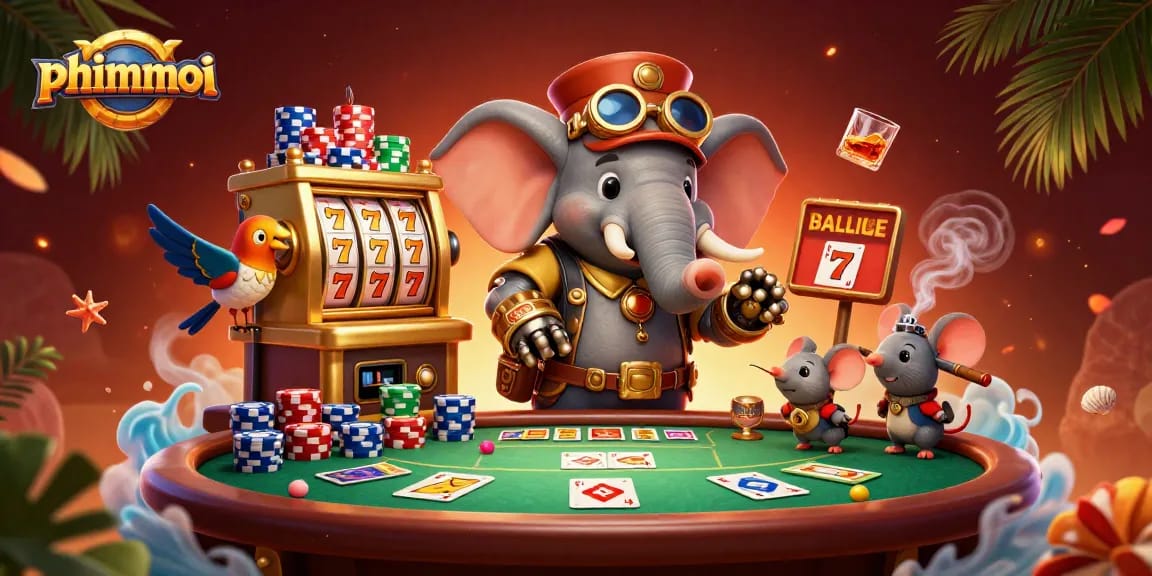 Experience phimmoi's thrilling jackpot with a steampunk elephant at the slot machine, surrounded by poker elements.
