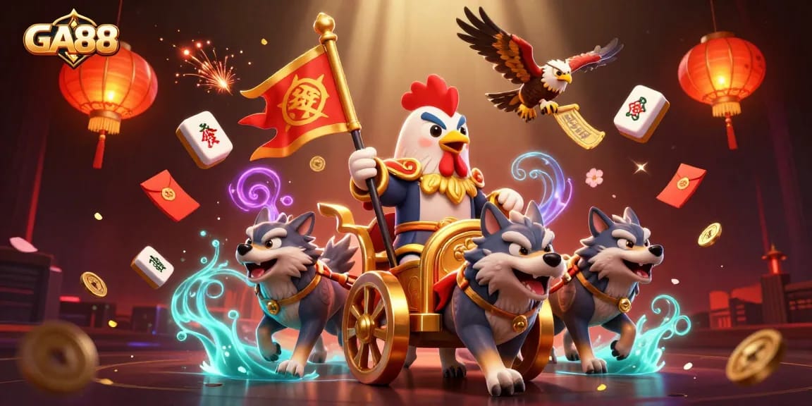 Experience thrilling gameplay at GA88 with vibrant casino action featuring a rooster warlord and elaborate decorations.