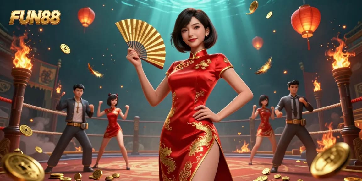 Engage with FUN88 through a vibrant 3D casino scene featuring a confident woman and gold elements.