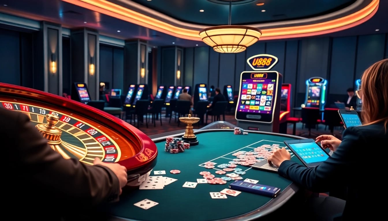 Excited gamblers enjoying a U888 online casino experience featuring poker chips, roulette, and dynamic gameplay.