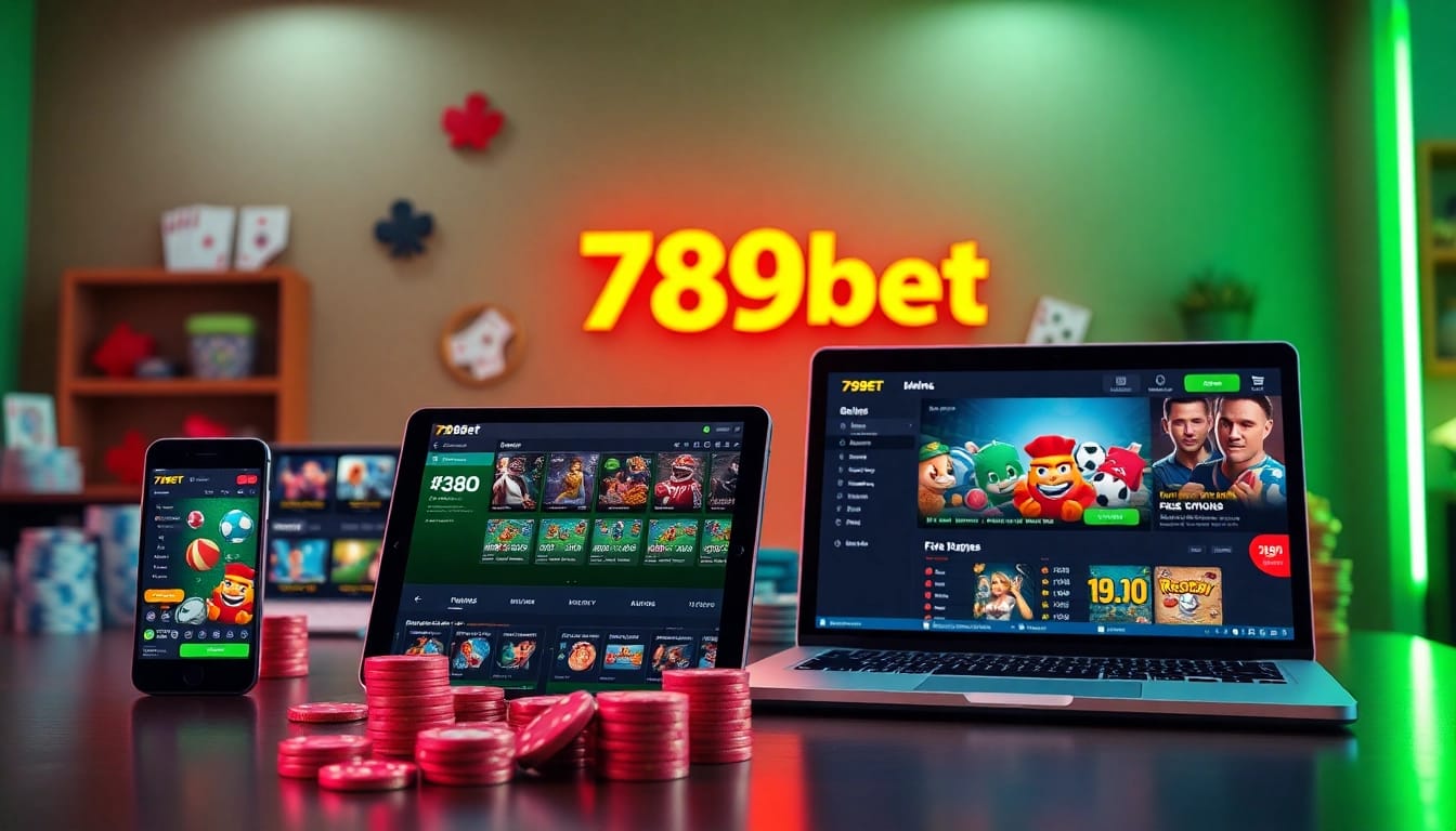 Engaging scene showcasing 789bet's diverse online betting platform on multiple devices.
