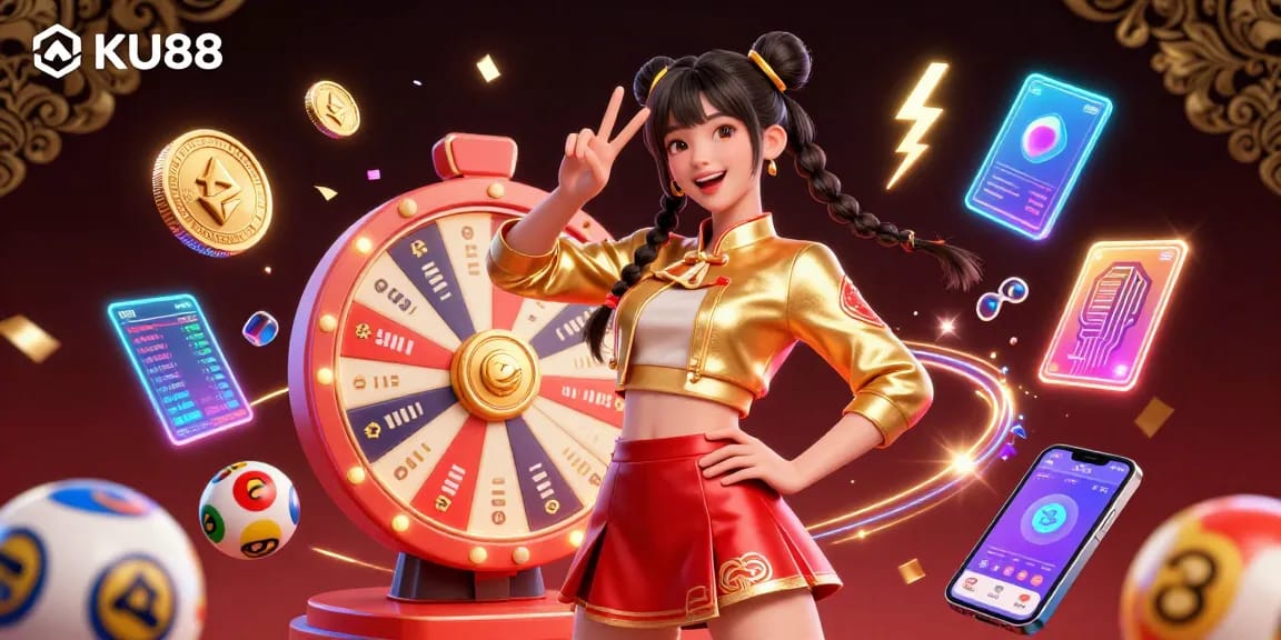 Experience exciting gameplay at KU88 with lottery balls and a spinning prize wheel in vibrant colors.