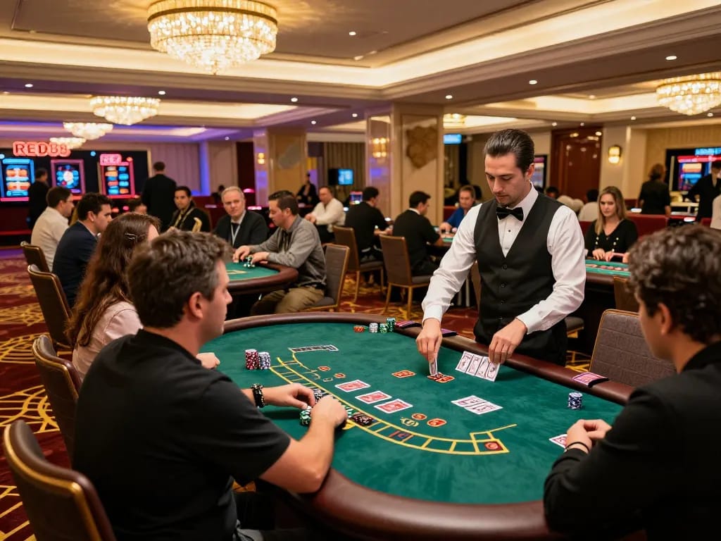 Players strategizing at RED88 casino blackjack table, surrounded by vibrant atmosphere and elegant decor.