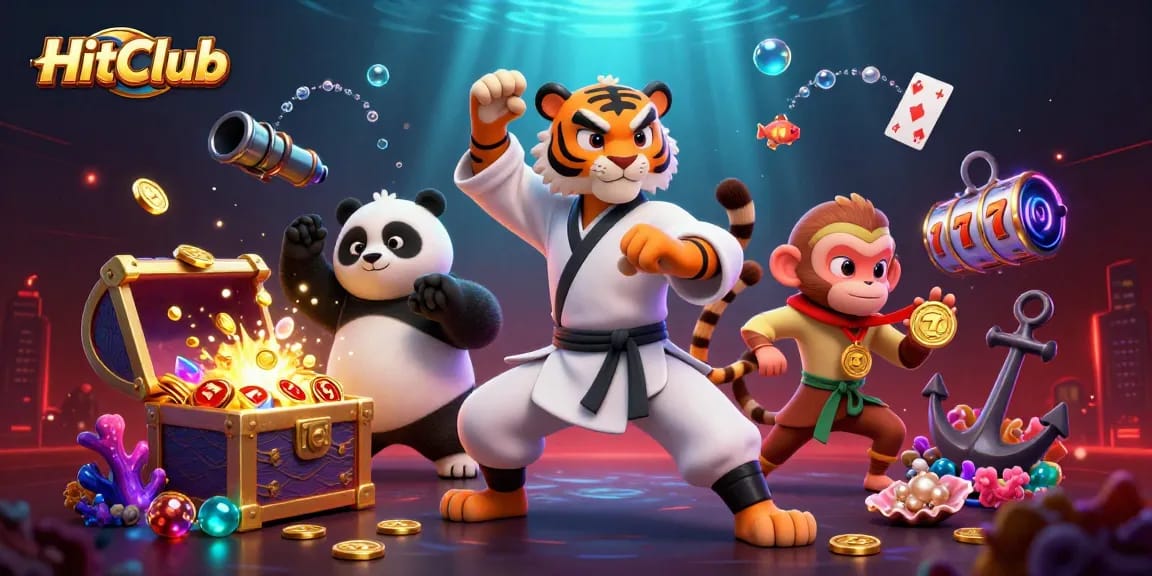 HitClub offers thrilling casino games and excitement with a vibrant 3D illustration of engaging characters.