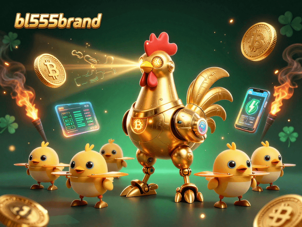 Engage with the captivating bl555brand golden rooster robot in a vibrant casino scene.