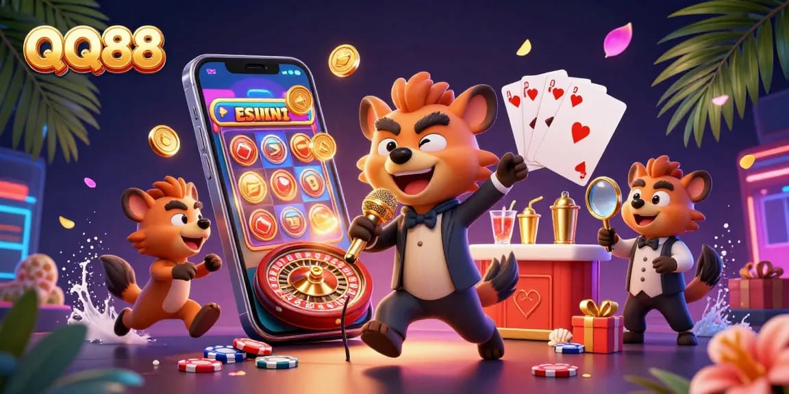 Experience the vibrant QQ88 casino scene with hyenas in action, showcasing slots and drinks.