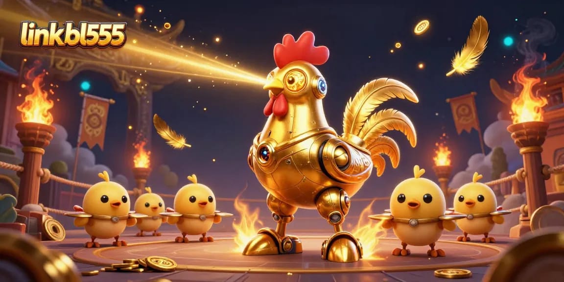 Engage with thrilling action at link bl555 as the golden rooster robot leads a pursuit in an exciting casino scene.