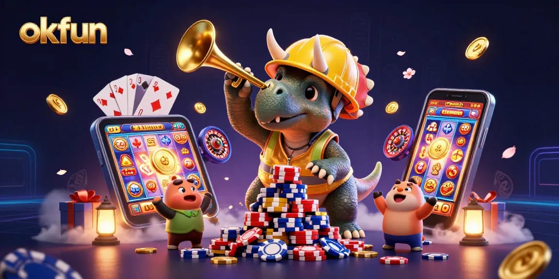 okfun players celebrate wins with colorful casino games and dynamic elements in an engaging 3D scene