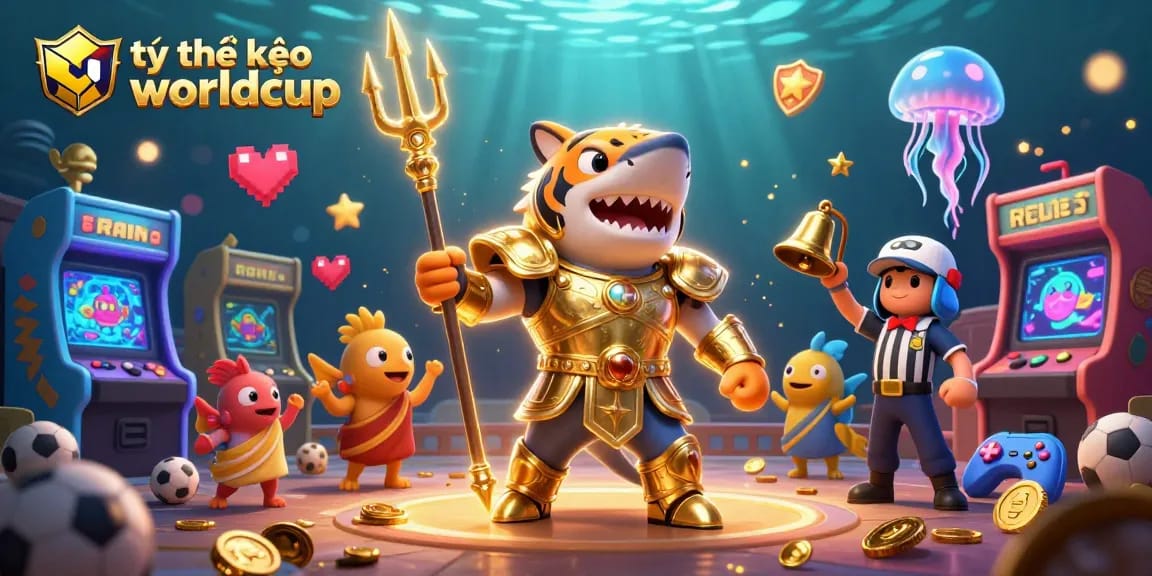 Experience thrilling tỷ lệ kèo worldcup betting with dynamic 3D underwater scene featuring a golden shark gladiator.
