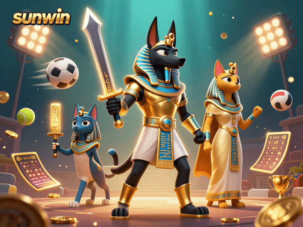 Engage with sunwin's dynamic gambling scene featuring Anubis and Bastet among sports elements.