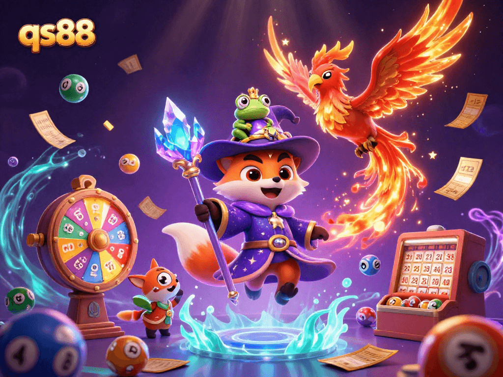 Experience thrilling casino adventures with qs88's enchanting wizard fox and phoenix, filled with vibrant lottery elements.