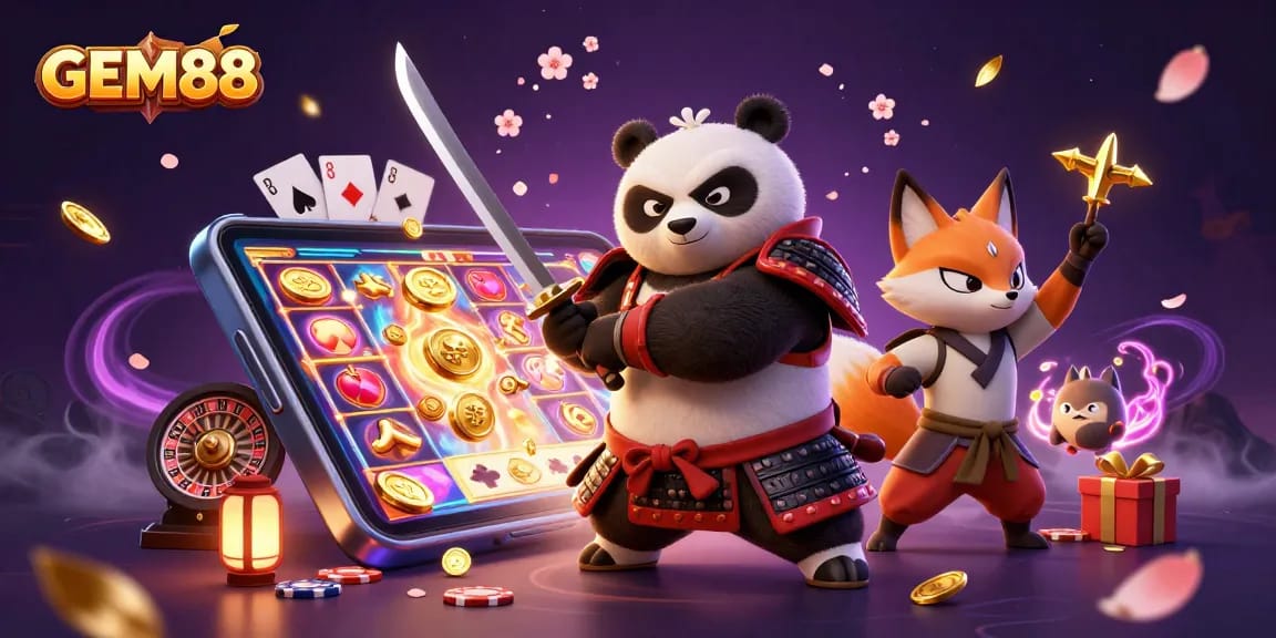 Win big with GEM88 at this vibrant 3D casino featuring samurai panda, ninja fox, and tanuki.