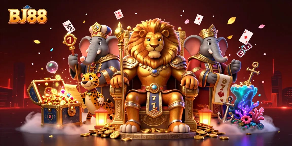 Experience the thrill of BJ88 with this vibrant 3D illustration featuring a majestic lion king and dynamic casino elements.