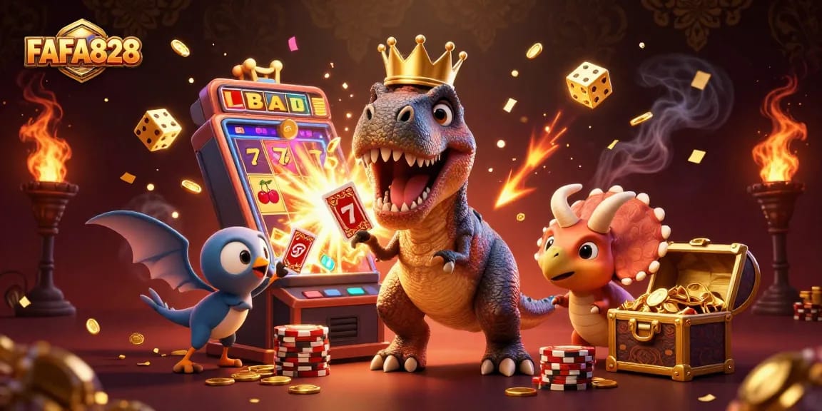 Engage with the excitement of FAFA828 as a T-Rex shuffles cards amid a dazzling casino scene.