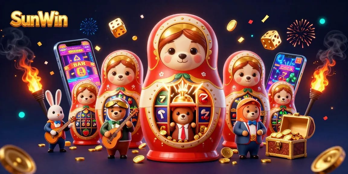 Experience thrilling gameplay at SunWin with a dynamic 3D illustration of cartoon characters in a vibrant casino environment.