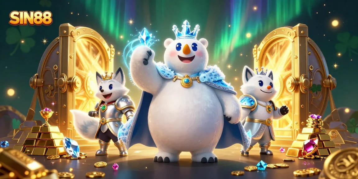 SIN88 immerses players in a vibrant casino experience with a polar bear and fox in a treasure-filled scene.