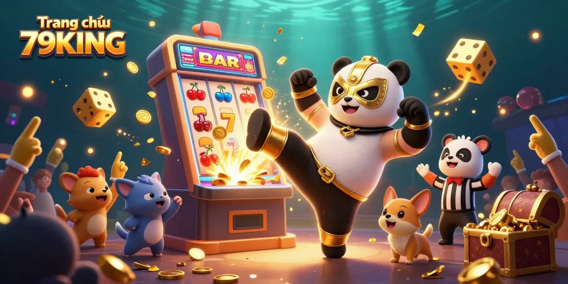 Experience the excitement of Trang chủ 79KING with a dynamic 3D scene featuring a kung-fu panda and casino elements.