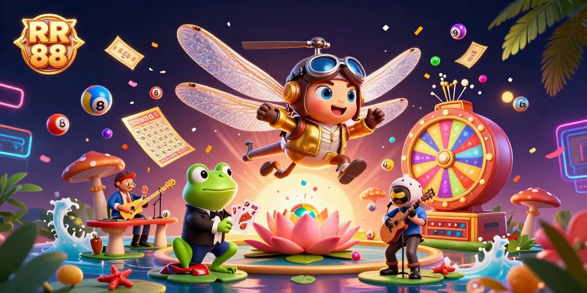 Experience thrilling games at RR 88's vibrant lily pad casino with a frog croupier dealing cards.