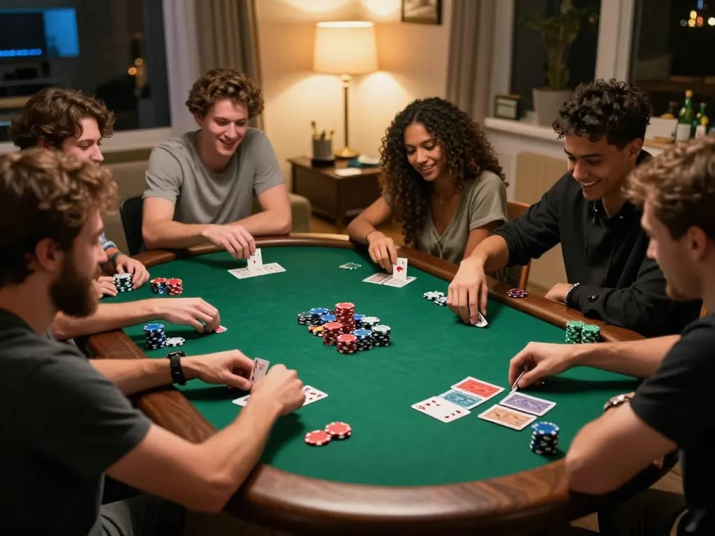Friends enjoying a lively poker game at home using E2bet for an engaging gameplay experience