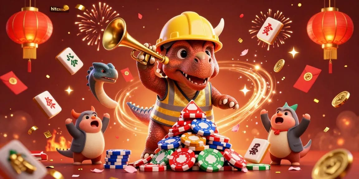 Hitclub offers a vibrant 3D illustration featuring a triceratops building poker chip pyramids and celebrating, symbolizing exciting online gambling.