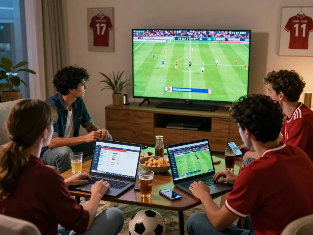 Cá độ bóng đá gathering with friends during a live match, showcasing betting excitement.