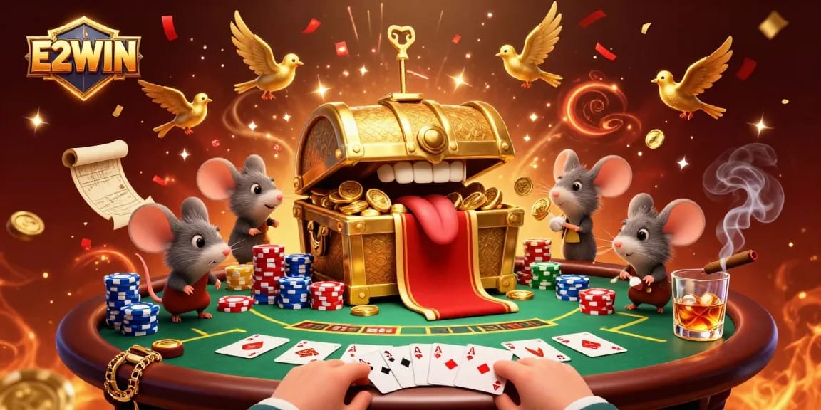 E2WIN offers an entertaining gambling experience featuring an enticing golden treasure chest and rich poker gameplay elements.