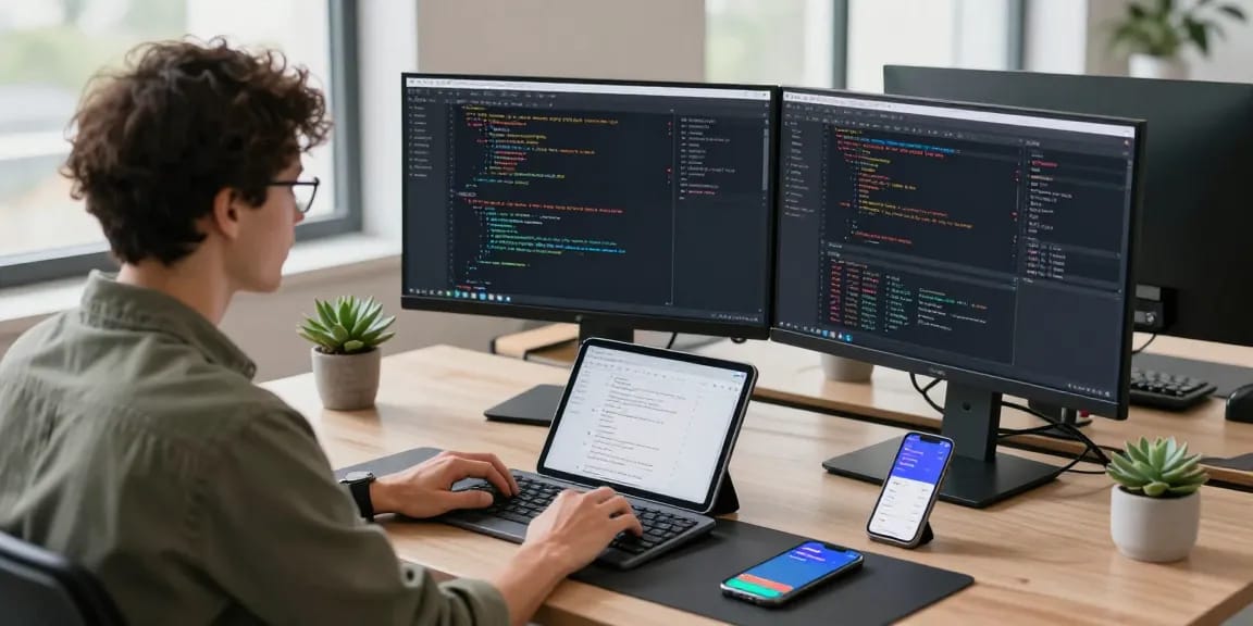 En anti-detect webbläsare används av en utvecklare i en modern arbetsmiljö med flera skärmar och teknisk utrustning.