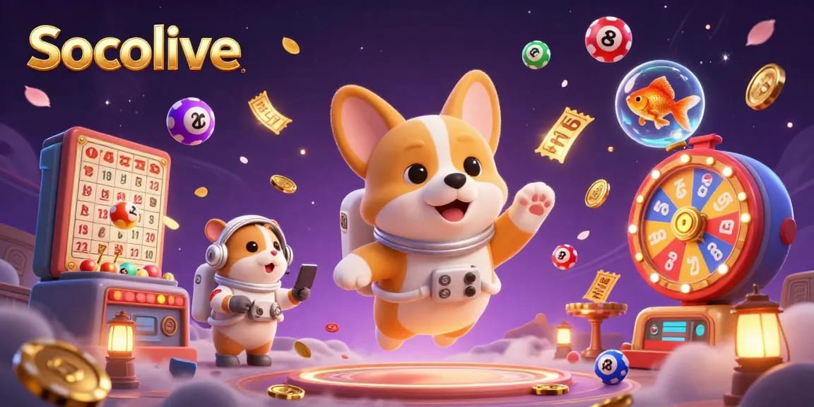 Socolive captivates viewers in a dynamic casino scene with an astronaut corgi, golden coins, and engaging gaming elements.