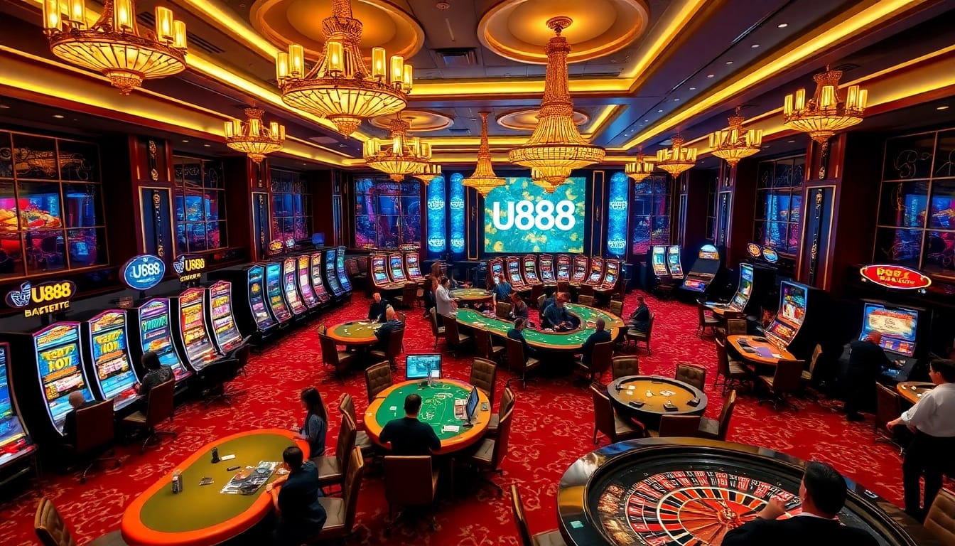U888 gaming area showcasing vibrant slots and elegant poker tables in a luxurious casino.