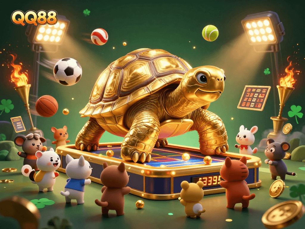 Experience thrilling gameplay at QQ88 with a dynamic illustration of golden tortoise and sports elements.