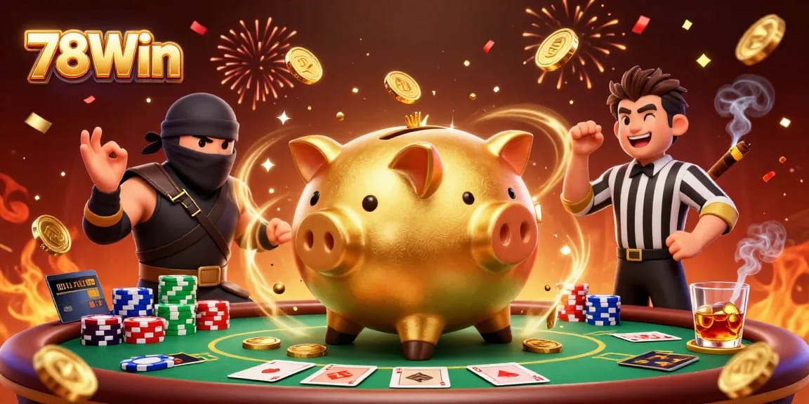 Engage in thrilling action with 78Win, where a golden piggy bank sumo wrestler dominates the casino scene!