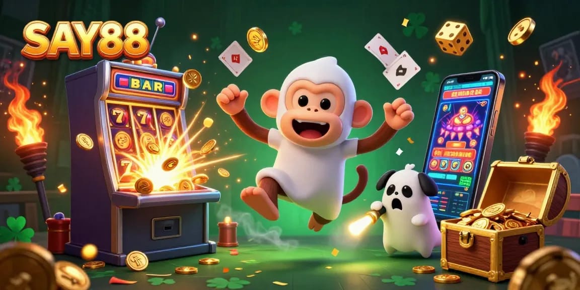 SAY88 showcases a lively casino scene with a playful monkey, puppy ghost hunter, and vibrant game elements.
