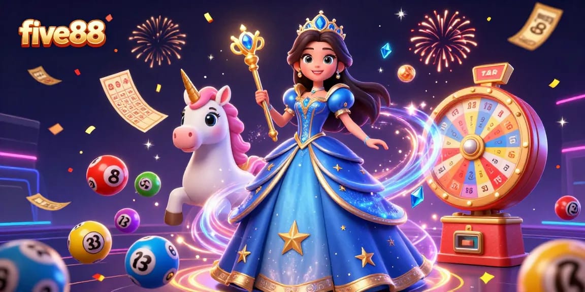 Win exciting prizes with five88 in this vibrant, colorful online casino illustration full of energy.