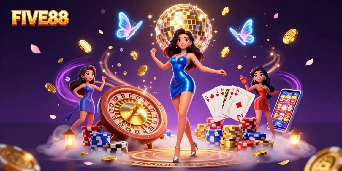 Engage with FIVE88's vibrant online gaming scene featuring dynamic characters and exciting casino elements.