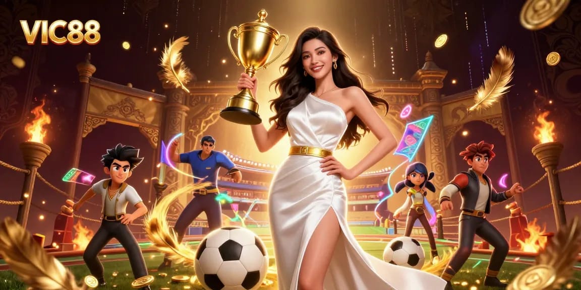 Experience the excitement of betting at VIC88 with a trophy-winning Asian woman in a glamorous setting.