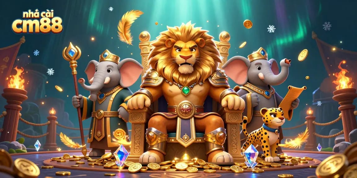 Engage with nhà cái cm88 through a vibrant casino kingdom illustration featuring a lion king, elephant advisor, and cheetah messenger.