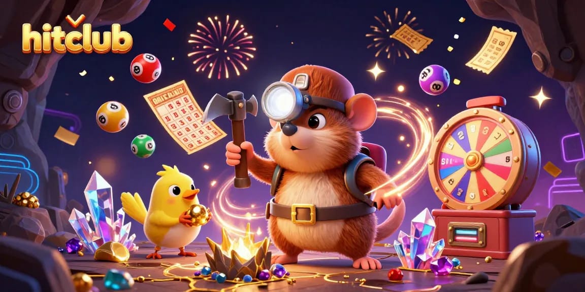 Hitclub engages players with dynamic lottery, bingo, and gaming elements in a vibrant scene.