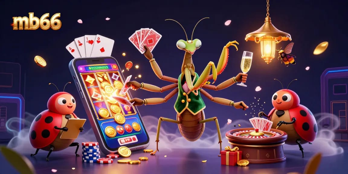Experience thrilling games at mb66 with colorful slots and engaging casino elements in this vibrant illustration.