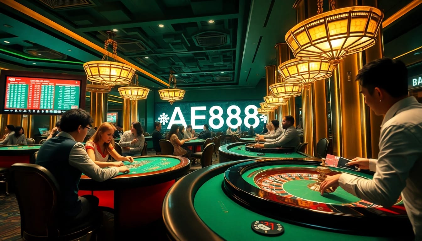 AE888 online gambling experience with players at luxurious live casino tables, showcasing excitement and technology.
