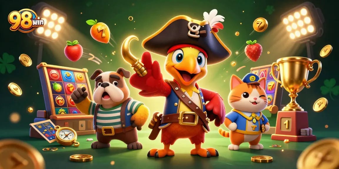Win big with 98win's thrilling slots and jackpots as pirate characters guide your gameplay.