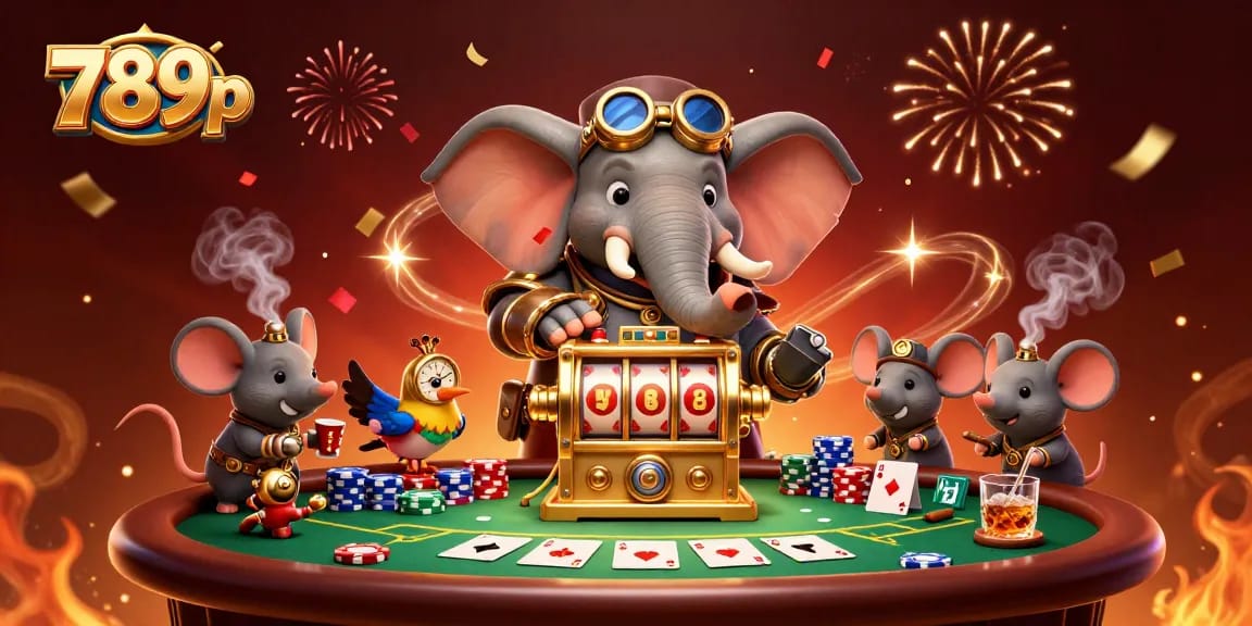 Experience 789p's dynamic gaming atmosphere with a steampunk elephant at a colorful poker table.