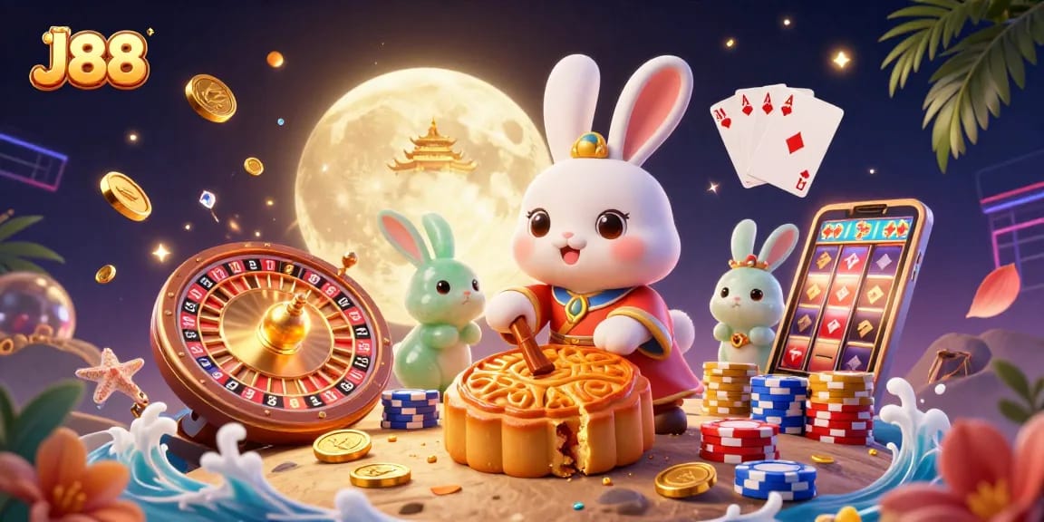 Engage with exciting games at J88, featuring a whimsical moon rabbit and poker chips.
