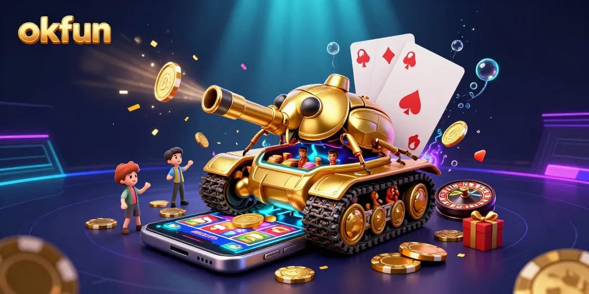 Experience exciting slots at okfun with a dynamic casino scene featuring a golden beetle tank and vibrant game elements.