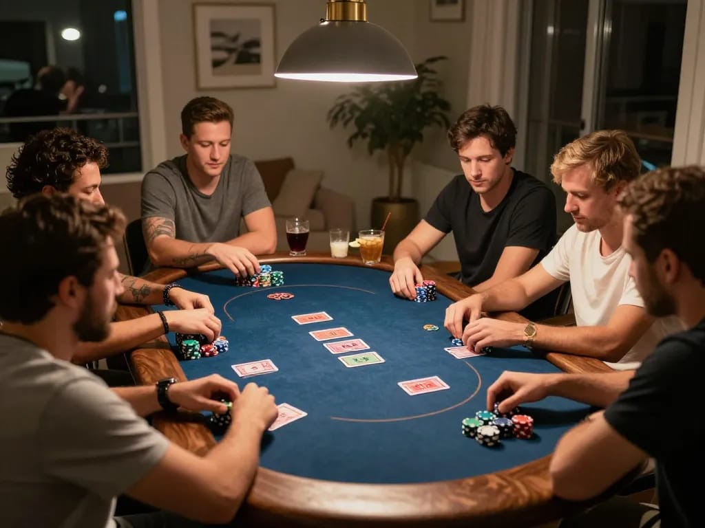 Engaged friends playing poker during a cozy home game night, with strategy notes and snacks visible, featuring uu88.com