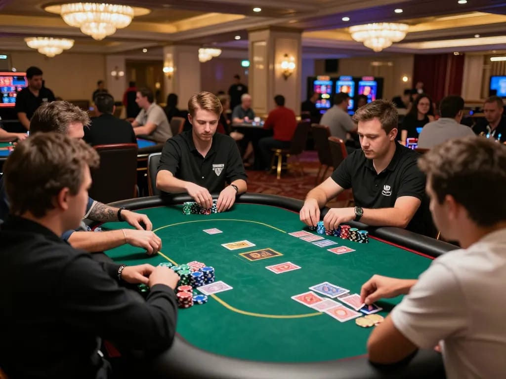 FC88 poker enthusiasts engaging in a high-stakes tournament at a vibrant casino.