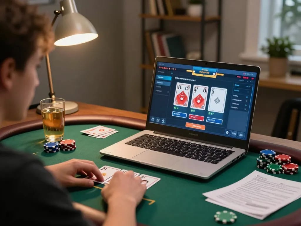 Player strategizing in an online poker game on 98win, focused on winning with chips and cards visible.